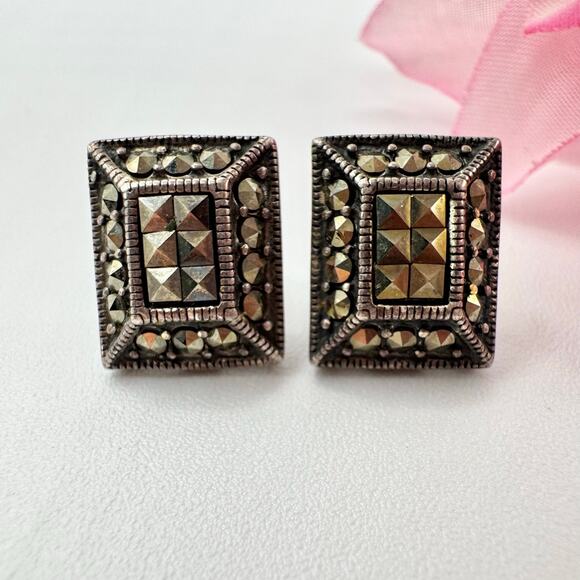 Marcasite Rhinestone 925 Silver Art Deco Revival Rectangle Earrings Tested - Picture 6 of 15